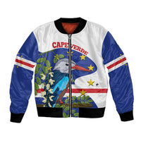 Unisex bomber jacket with blue and white bird graphic, zip front, black rib cuffs
