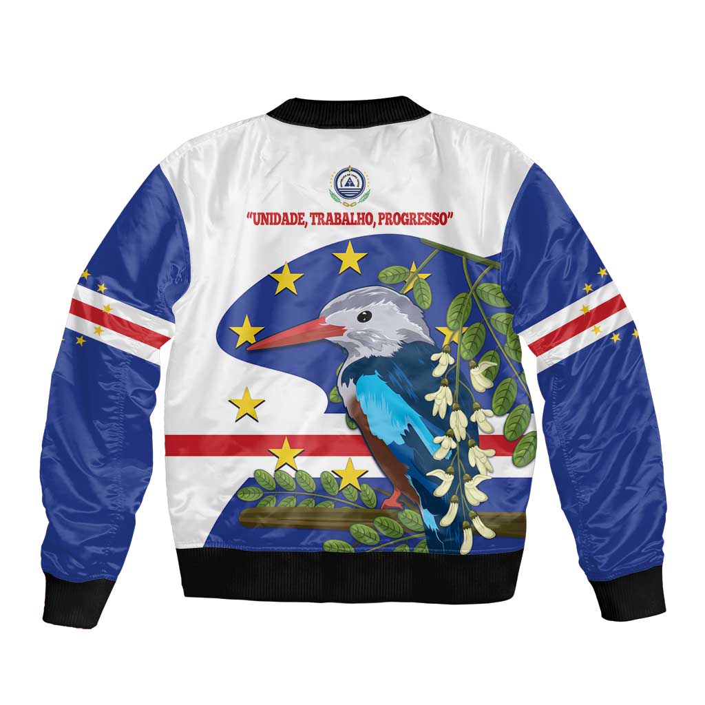 Unisex bomber jacket back with blue-and-white bird scene, black rib collar and hem