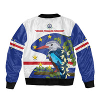 Unisex bomber jacket back with blue-and-white bird scene, black rib collar and hem