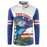 Cape Verde button sweatshirt, front view: bird graphic over star flag design