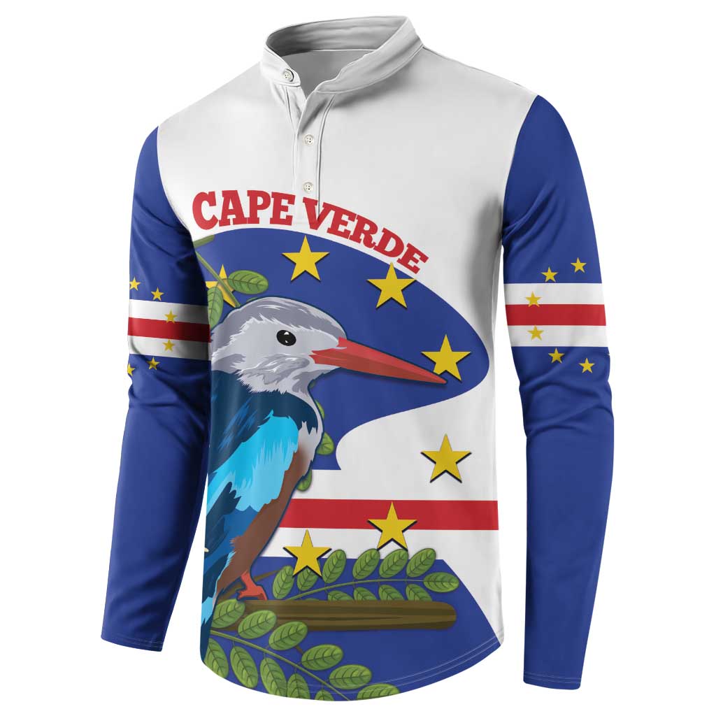 Cape Verde button sweatshirt, front view: zip-neck with bird and stars flag print
