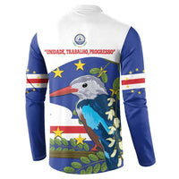 Cape Verde button sweatshirt, back view: bird graphic with stars and UNIDADE text