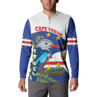 Cape Verde button sweatshirt on model, front: bird graphic over star flag pattern