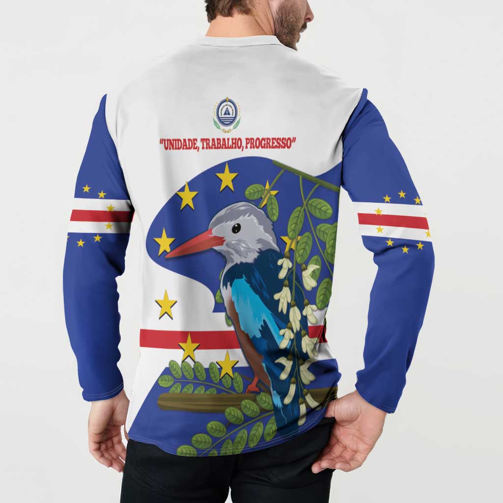 Cape Verde button sweatshirt on model, back: bird graphic with stars and UNIDADE text