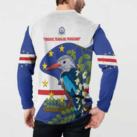 Cape Verde button sweatshirt on model, back: bird graphic with stars and UNIDADE text