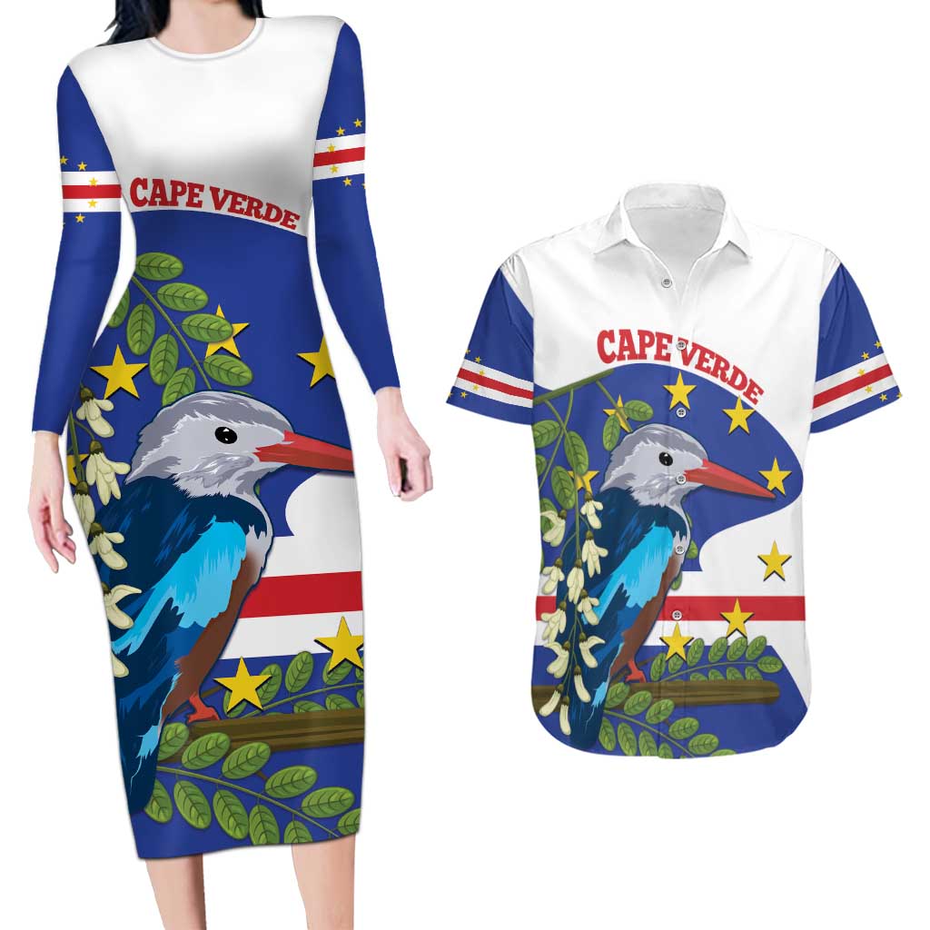 Cape Verde Couples Matching Long Sleeve Bodycon Dress and Hawaiian Shirt Grey-Headed Kingfisher Mix Honey Locust - Wonder Print Shop