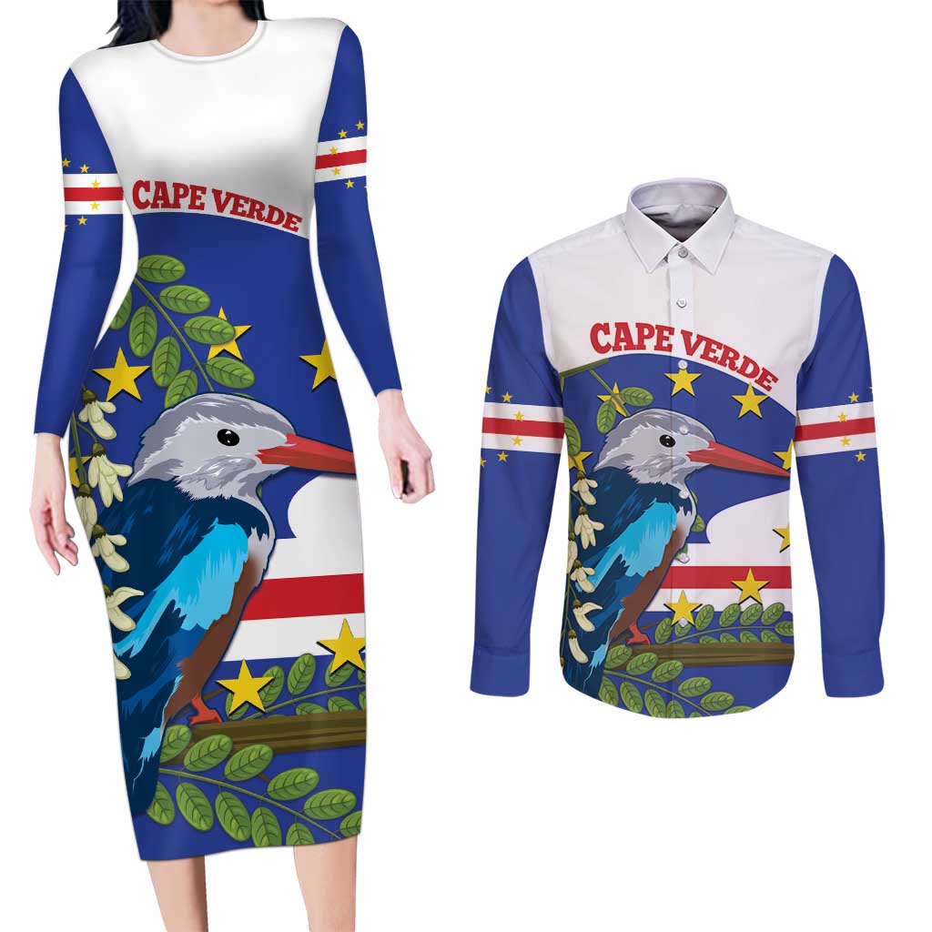 Cape Verde Couples Matching Long Sleeve Bodycon Dress and Long Sleeve Button Shirt Grey-Headed Kingfisher Mix Honey Locust - Wonder Print Shop