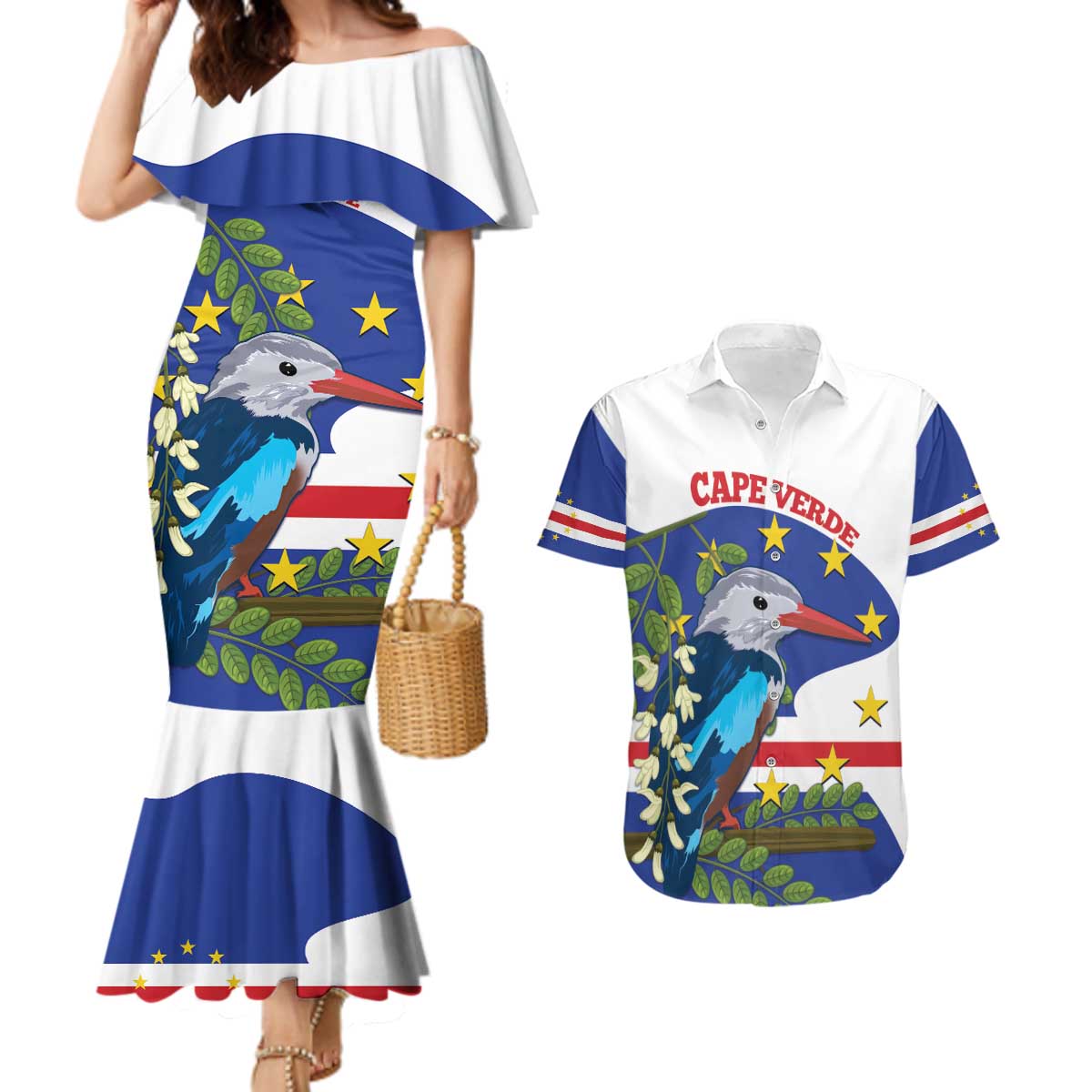 Cape Verde Couples Matching Mermaid Dress and Hawaiian Shirt Grey-Headed Kingfisher Mix Honey Locust - Wonder Print Shop