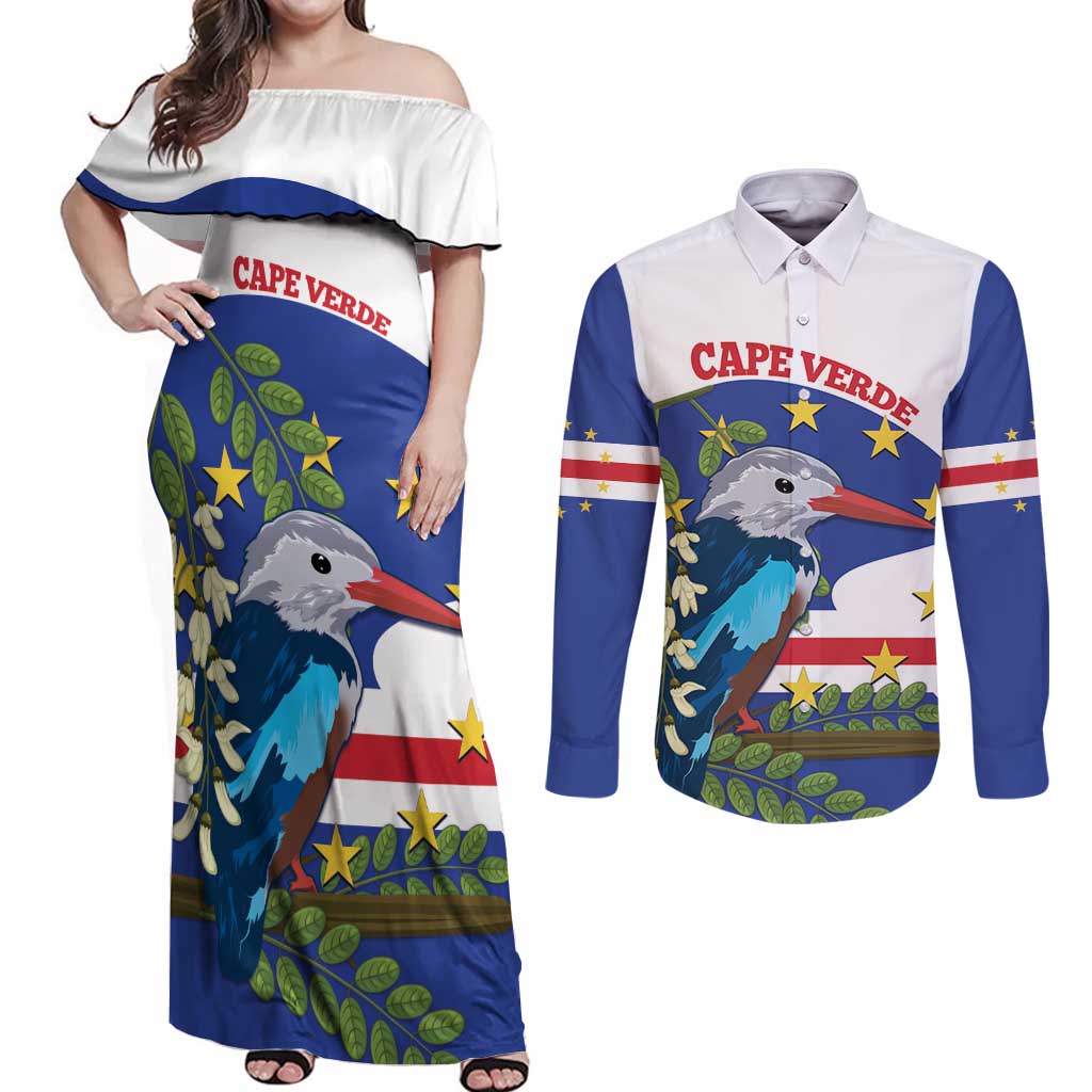 Cape Verde Couples Matching Off Shoulder Maxi Dress and Long Sleeve Button Shirt Grey-Headed Kingfisher Mix Honey Locust - Wonder Print Shop