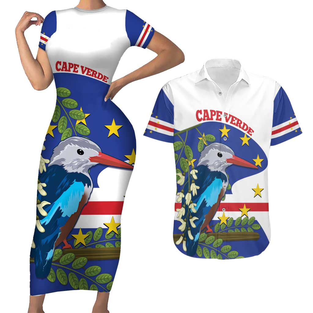 Cape Verde Couples Matching Short Sleeve Bodycon Dress and Hawaiian Shirt Grey-Headed Kingfisher Mix Honey Locust - Wonder Print Shop