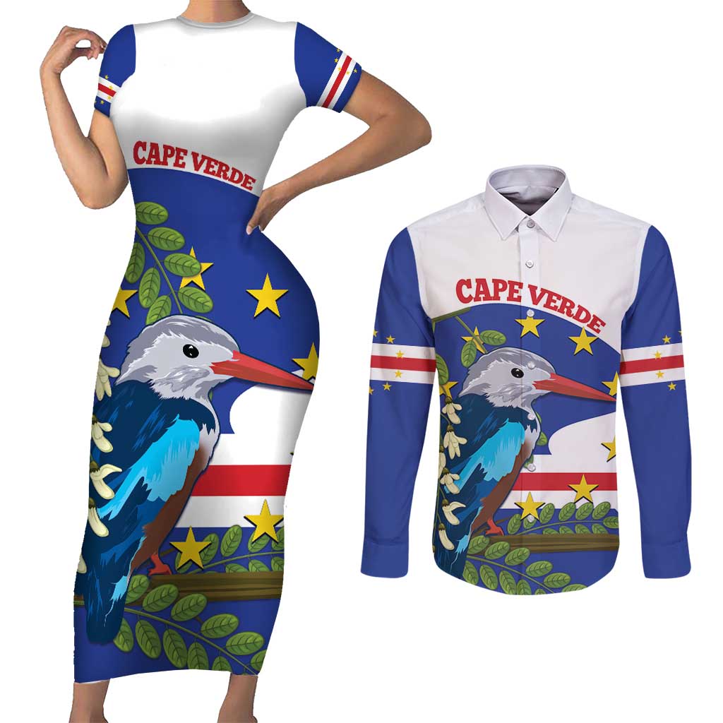 Cape Verde Couples Matching Short Sleeve Bodycon Dress and Long Sleeve Button Shirt Grey-Headed Kingfisher Mix Honey Locust - Wonder Print Shop