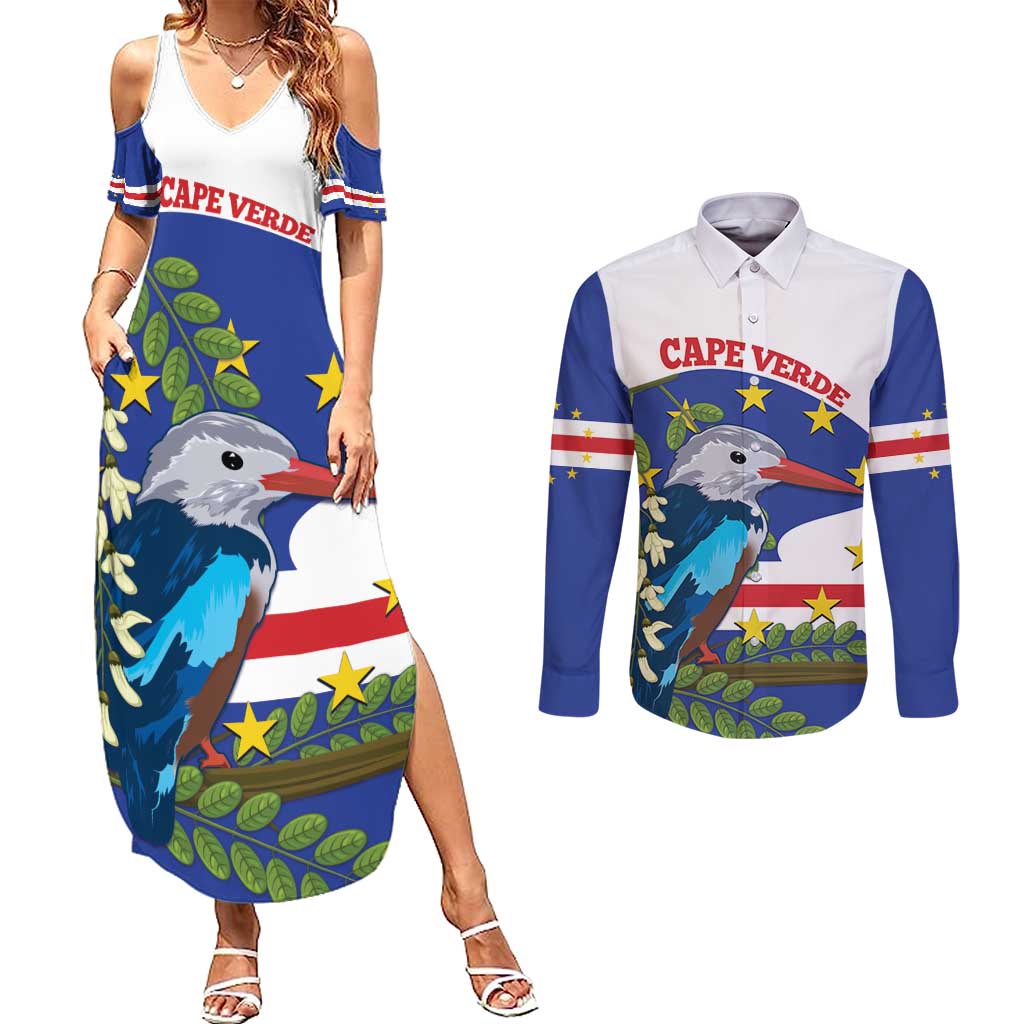 Cape Verde Couples Matching Summer Maxi Dress and Long Sleeve Button Shirt Grey-Headed Kingfisher Mix Honey Locust - Wonder Print Shop