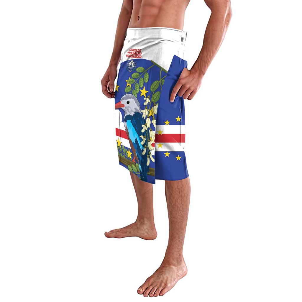 Bird graphic shorts with white waistband and blue/red panels, side view