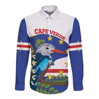 Unisex long-sleeve button shirt with Cape Verde bird graphic, white front, blue sleeves