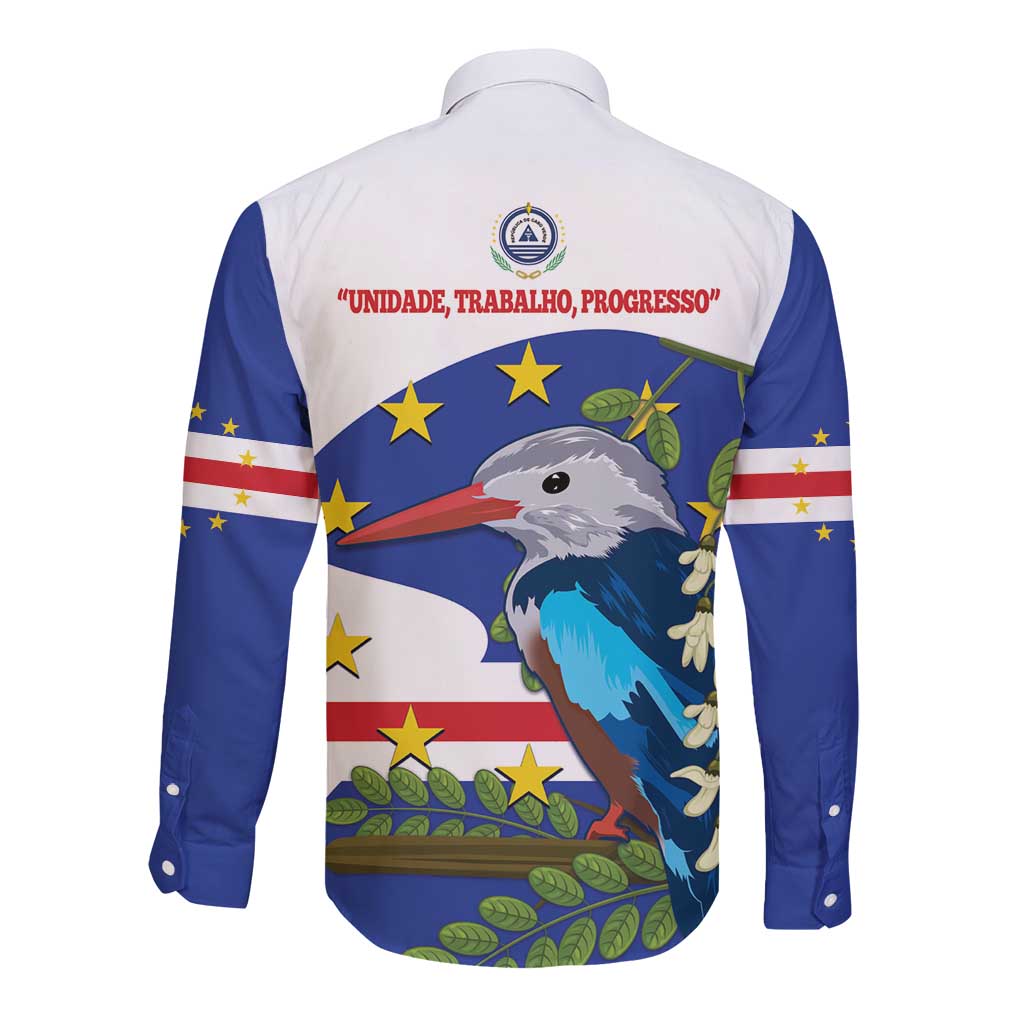Unisex long-sleeve button shirt, back with Cape Verde flag and bird print