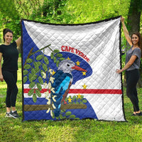 Quilted large quilt in white and blue featuring Cape Verde bird and flag graphic