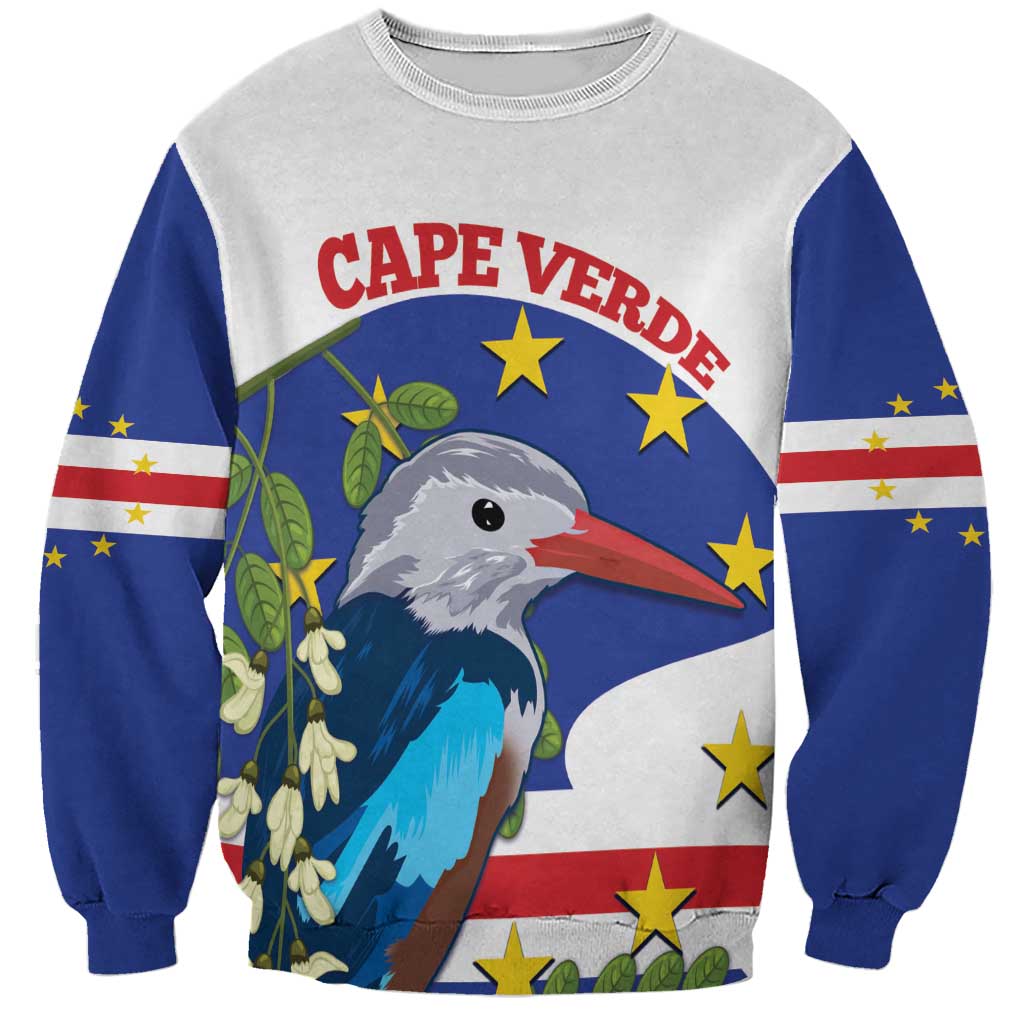 Unisex sweatshirt with Cape Verde graphic bird, blue sleeves, crewneck