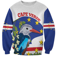 Unisex sweatshirt with Cape Verde graphic bird, blue sleeves, crewneck
