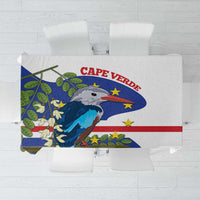 Blue and white tablecloth with bird graphic and red stripe, rectangular design