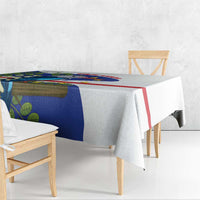 Blue bird and leaf printed tablecloth with red stripe corner drape