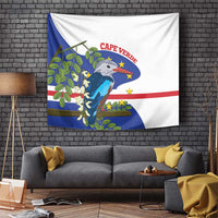 Cape Verde kingfisher tapestry with blue bird, green leaves, and red wordmark