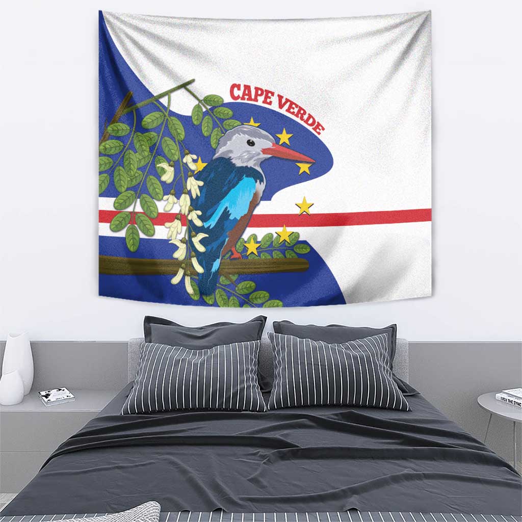 Cape Verde kingfisher tapestry with blue bird, green leaves, stars, and red stripes