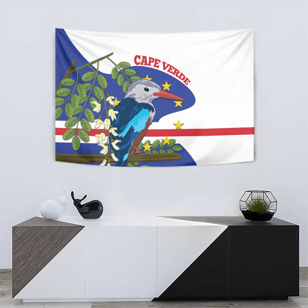 Cape Verde kingfisher wall tapestry with blue bird, green leaves, and star border