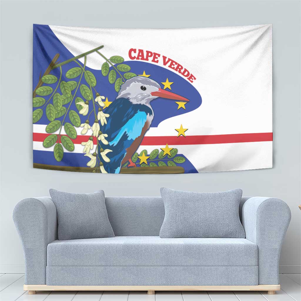 Cape Verde kingfisher tapestry featuring blue bird, green foliage, red text, and stars