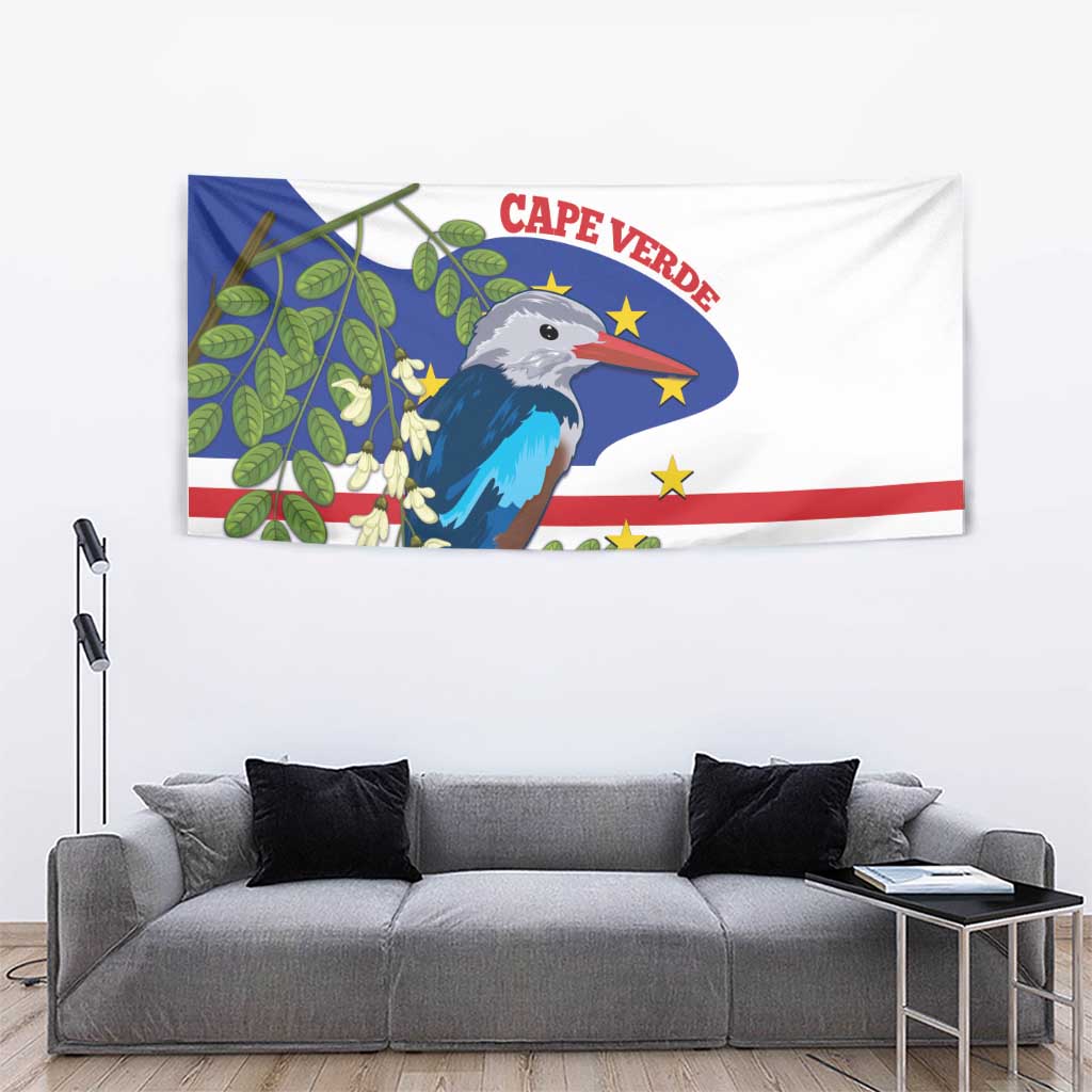 Cape Verde kingfisher tapestry with blue bird, green leaves, red wordmark, and stripe