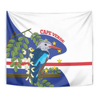 Cape Verde kingfisher tapestry close view with blue bird, green leaves, red stars