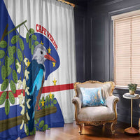 Cape Verde flag and blue kingfisher bird printed curtains, full view with living room chair