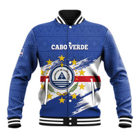 Blue baseball varsity jacket with front zipper, ribbed collar, and Cape Verde crest