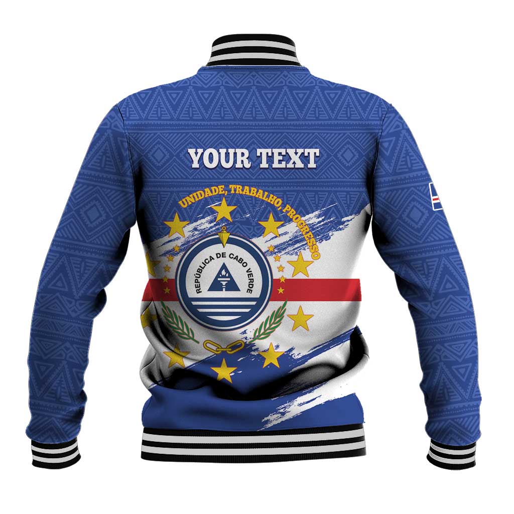 Blue baseball varsity jacket back with ribbed collar, crest, and "YOUR TEXT"