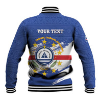 Blue baseball varsity jacket back with ribbed collar, crest, and "YOUR TEXT"