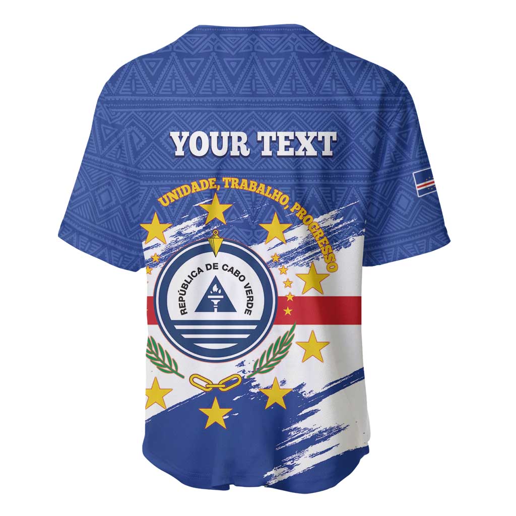 Blue baseball jersey back view, V-neck button style, Your text with coat of arms