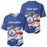 Blue baseball jersey front and back shown, V-neck buttons with coat of arms graphics