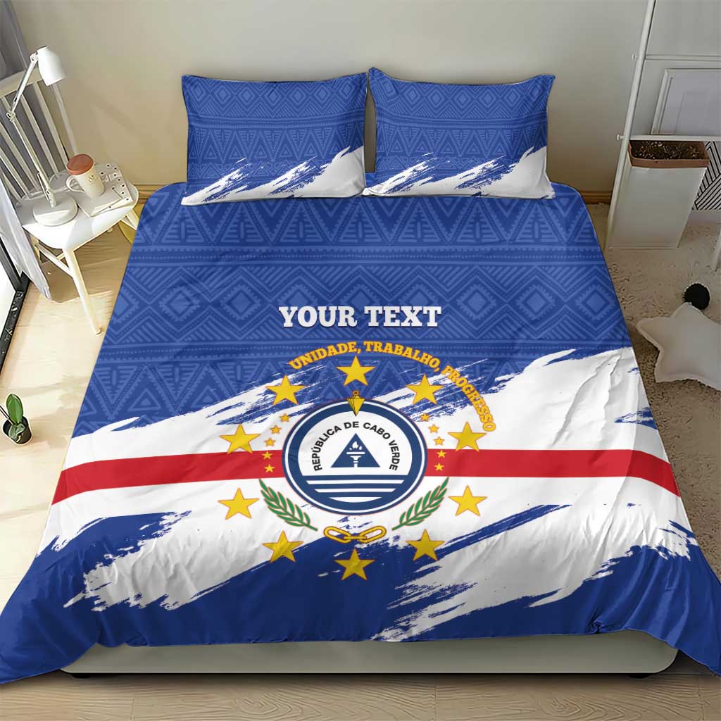 Personalized blue Cape Verde flag bedding set with 'YOUR TEXT' crest and two matching pillowcases