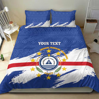 Personalized blue Cape Verde flag bedding set with 'YOUR TEXT' crest and two matching pillowcases