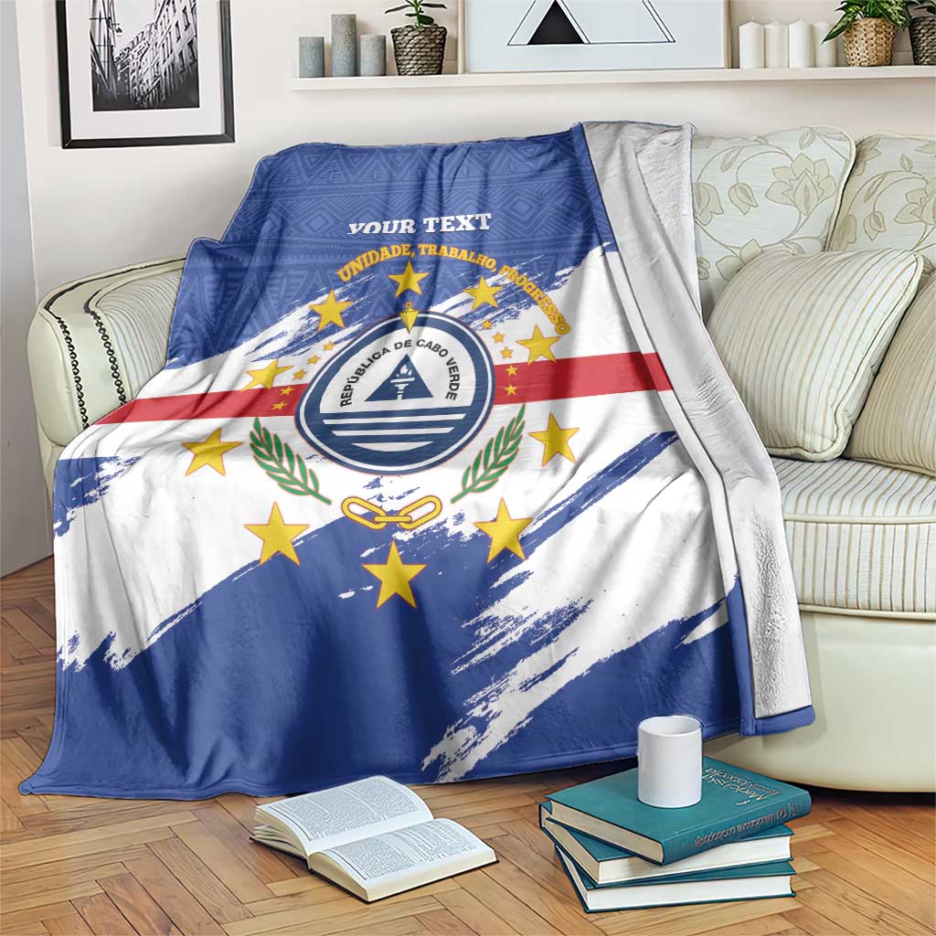 Cape Verde flag blanket coat with blue white red stripes and circular crest, your text