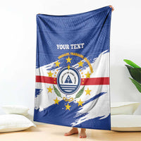 Cape Verde flag blanket with blue top, white bottom, red stripe, circular coat of arms