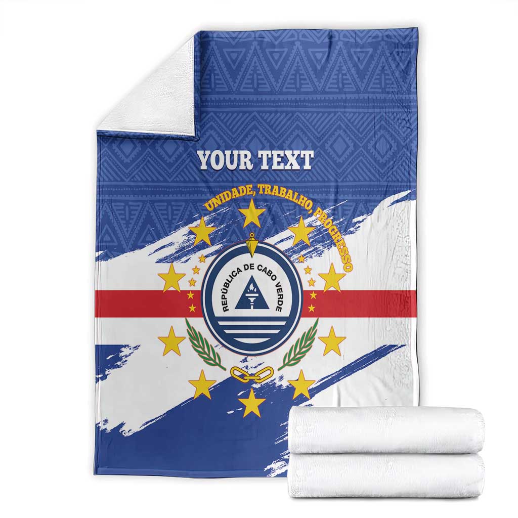 Cape Verde flag blanket with crest and 'YOUR TEXT' on blue geometric background