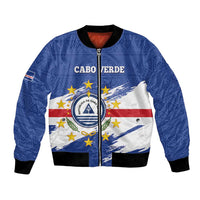 Blue bomber jacket with Cabo Verde crest and striped flag panel, black ribbed cuffs