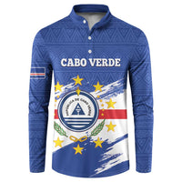 Blue long-sleeve button henley sweatshirt with Cabo Verde emblem, stars, and flag panel