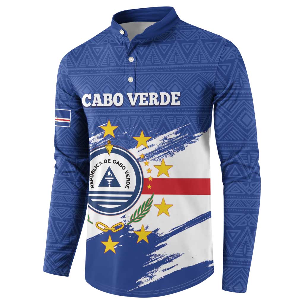 Blue long-sleeve button henley sweatshirt with Cabo Verde text, emblem, and star flag design