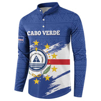Blue long-sleeve button henley sweatshirt with Cabo Verde text, emblem, and star flag design