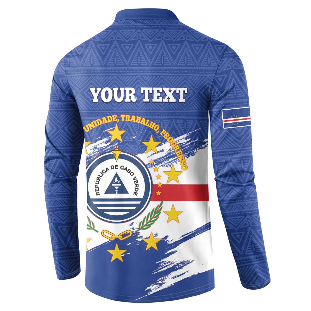 Blue long-sleeve button henley sweatshirt, back view with Your Text over emblem and stars