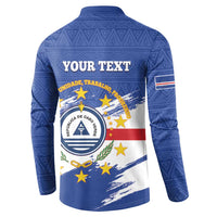 Blue long-sleeve button henley sweatshirt, back view with Your Text over emblem and stars