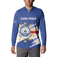Blue long-sleeve button henley sweatshirt with Cabo Verde graphic and geometric pattern