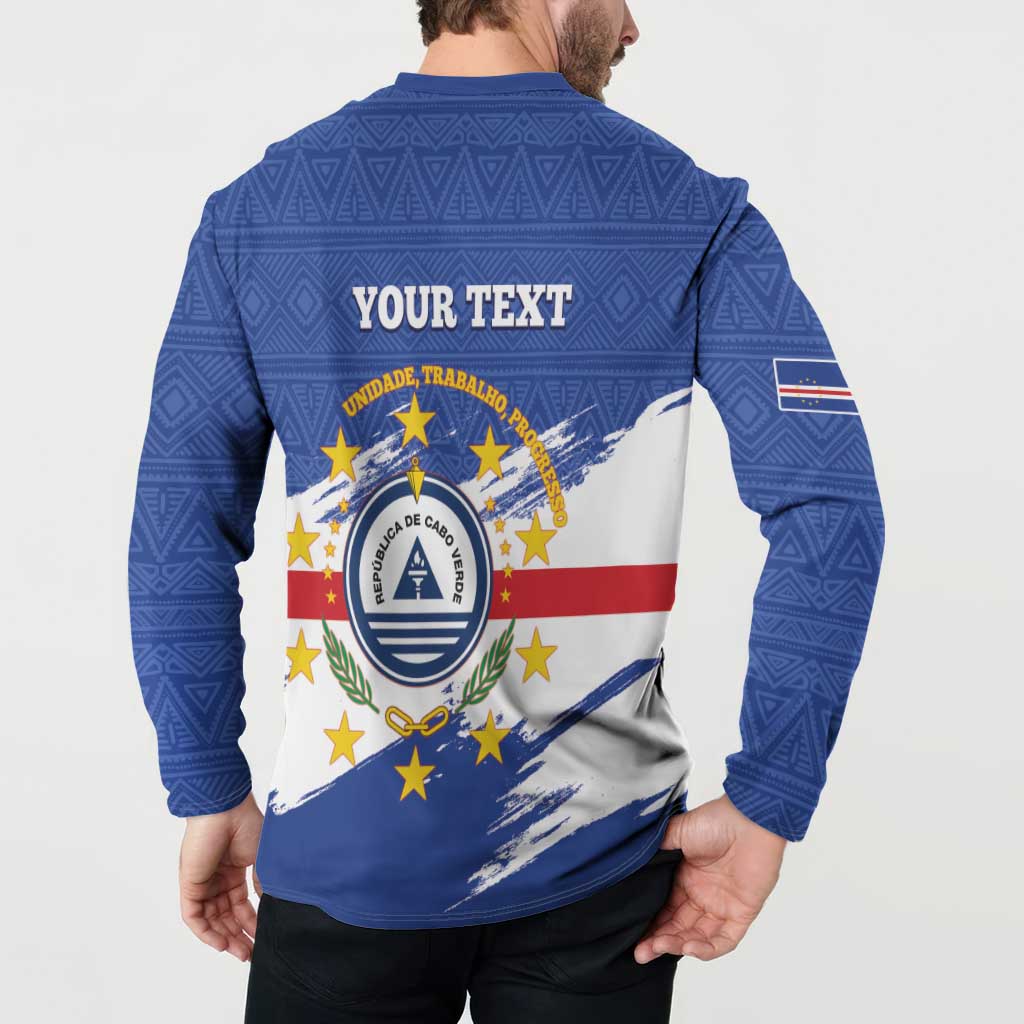 Blue long-sleeve button henley sweatshirt, back view with Your Text and Cabo Verde flag
