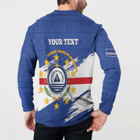 Blue long-sleeve button henley sweatshirt, back view with Your Text and Cabo Verde flag